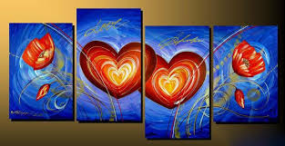 Split Painting Canvas Art Hearts On Blue Background Multi Panel Design 100 Hand Painted 4 Part Acrylic Painting Canvas Art Painting Canvas Art Painting