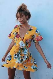 Deep V Neck Floral Print Short Sleeves Short Dress Fashion Casual Summer Dresses Boho Fashion