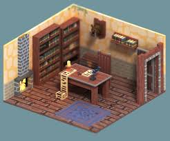 Artstation Voxel Fantasy Study Gabriel L This is a big gamer style room with bed, videogames, computer, tv.