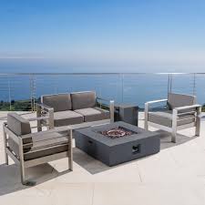 Noble House Cape Coral Khaki 5 Piece Aluminum Patio Fire Pit Conversation Set With Khaki Cushions In 2020 Fire Table Outdoor Furniture Sets Aluminum Patio