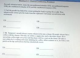 For each example below, identify the unconditioned stimulus (us), unconditioned response (ur), conditioned stimulus (cs), and conditioned response (cr). Solved Handout 6 1 Classical Conditioning Worksheet For Chegg Com