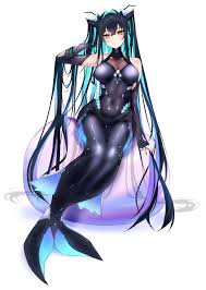 08m-, little mermaid (nikke), goddess of victory: nikke, absurdres,  commentary, english commentary, highres, 1girl, aqua hair, black hair,  bodysuit, breasts, colored inner hair, covered navel, full body, hair  intakes, hand up, large