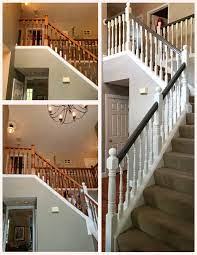 Here's the railing in all of it's orange oak glory before we painted it. Wooden Banister Makeover Painted Stair Handrail Before After Photos