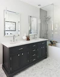 Black Bathroom Vanity Top Gray Hex Floor Tiles Paired With Gray Subway Tile In The Shower Bathroom Interior Bathroom Vanity Black Bathroom