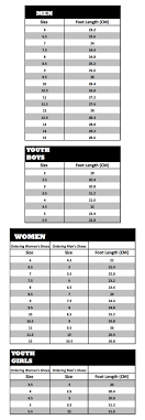 Boombah Footwear Sizing Chart