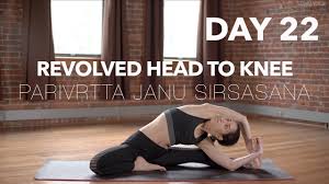 For a deeper stretch in the leg, press the heel away and pull the toes towards your head. How To Do Revolved Head To Knee Yoga Tutorial Day 22 30 Poses 30 Days Youtube