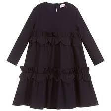 Comfortable And Smart This Navy Blue Dress By Il Gufo Is Made In Sensitive Lycra That Is Breathable Wrinkl Blue Ruffle Dress Navy Blue Ruffle Dress Dresses