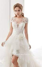 Illusion Jewel Neck High Low Bridal Gown With Ruffles And T Shirt Sleeves Junebridals Wedding Dresses High Low Short Wedding Dress Hi Lo Wedding Dress