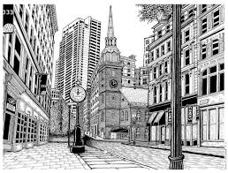A Pen Ink Drawing Of Downtown Crossing In Boston Ma With The Historic Old South Meeting House And Jewelers Bui Ink Pen Drawings Line Art Painting Drawing