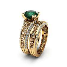 If you insist on having some diamonds, you might consider an emerald and diamond ring in a spectacular setting. 2 Carat Emerald Engagement Ring Set Unique 14k Yellow Gold Rings Emerald Bridal Set Filigree Engagement Rings Camellia Jewelry
