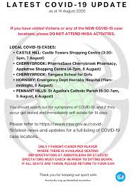 Find locations with reported cases, and the areas and suburbs with increased testing. Covid 19 Update At 14 August Hornsby Ku Ring Gai Basketball Association Gameday