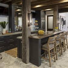 Like in traditional homes, when choosing flooring for a log cabin, you should consider flooring that matches the activity level of each space. Rustic Cabin Basement With Wet Bar Country Basement