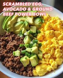SCRAMBLED EGG, AVOCADO & GROUND BEEF POWER BOWL Ingredients: • 2 eggs,  scrambled • ½ avocado, diced #wowfactor • 100g ground beef (or ground  turkey) • ¼ tsp chili powder or paprika •