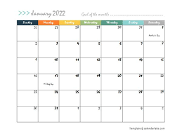 2022 monthly word calendar in colorful design free printable templates