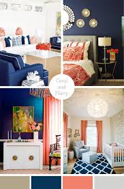 A coral architectural wall raises the guest bedroom decor to a new level and makes a colorful statement. Complimentary Colors For Navy Blue Home Decor Living Room Via Style At Home Photo By Stacey Van Berkel Haines Blue Home Decor Home Decor Coral Bedroom