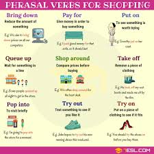 Shopping Vocabulary 19 Useful Phrasal Verbs For Shopping 7 E S L Marketing Strategy Social Media Witty Birthday Cards Card Sayings