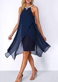 Asymmetric Hem Embellished Neck Chiffon Overlay Dress Rotita Com Usd 36 43 Navy Blue Chiffon Dress Chiffon Midi Dress Embellished Neck Dress
