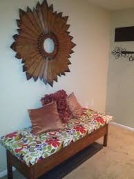 Covered A Wood Bench Seat With Fabric Using An Old Blanket For Padding Underneath Wood Bench Seat Wood Bench Decor
