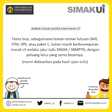 Apakah anak smk bisa ikut snmptn ui? Simak Ui Pa Twitter Bisakah Lulusan Pesantren Masuk Ui Tentu Bisa Sebagaimana Teman Teman Lulusan Smk Stm Spk Atau Paket C Kalian Berkesempatan Masuk Ui Melalui Jalur Tulis Simak Sbmptn Dengan Peluang Lulus