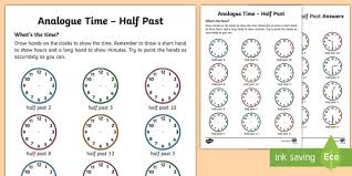 analogue time half past worksheet worksheet teacher made