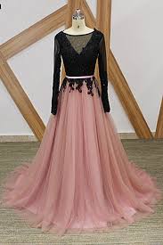 Pink Tulle Black Lace Long Formal Prom Dress Long Sleeve Evening Dress Prom Dresses Long With Sleeves Formal Prom Dresses Long Evening Dresses With Sleeves
