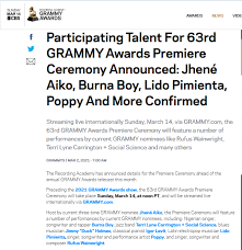 Jattends que vous me répondiez ? Burna Boy Grammy Awards 2021 Burna Boy Performed To Close Out The 2021 Grammy Awards Premiere Ceremony