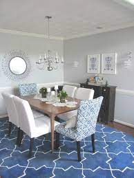 Rustic French Style Dining Room Design With Blue Rug Under The Wooden Dining Table Set Incluing Cl Dining Room Rug Size Grey Dining Room Chairs Dining Room Rug