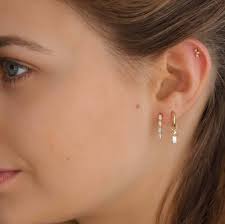 Hoop Earrings With 12mm Rectangular White Zircon Stone Pendant in Sterling  Silver and 24k Gold-plated Silver