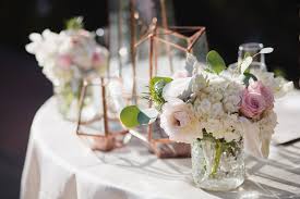 Sweetheart Table With Flowers And Geometric Terrariums Blush And Rose Gold Wedding Franciscan Gardens Floral Rose Gold Wedding Wedding Centerpieces Wedding