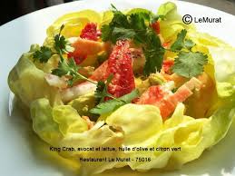 King Crab Avocat Et Laitue Huile D Olive Et Citron Vert Recettes Recette Salade De Crabe Accords Mets Et Vins Citron Vert