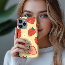 Protective Phone Case Bright Yellow With Strawberries