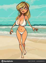 Cartoon Sexy Blonde Woman White Swimsuit Walks Beach Stock Vector by  ©Westamult 480513850