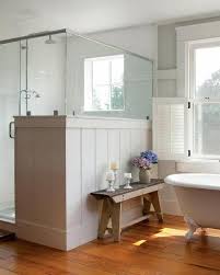 To get that approximate chair rail height, measure the ceiling height in inches and divide that number by three. I Like The Shower Enclosure Paneled In Wood To Chair Rail Height It Lends A Little Privacy Bathroom Remodel Master Farmhouse Master Bathroom Bathrooms Remodel