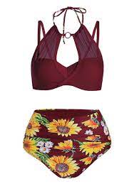 Sunflower Print Mesh Insert Bikini Swimwear Bikini Swimwear Best Swimsuit Brands Swimwear