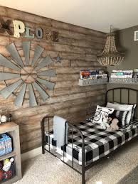 Farmhouse Style Kid S Room Wood Accent Wall Metal Bed Beddy S Gingham Bedding Beaded Chandelier Kids Bedroom Rustic Boy Room Accent Wall Rustic Boys Room