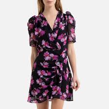 Robe courte, col v, manches courtes see u soon détails produit • forme : Robe Courte Effet Portefeuille Imprimee Fleurs Imprime Violet La Redoute Collections La Redoute