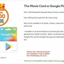 Get google play gift card code and redeem for anything in the google play store. Earn 1 000 Rewards Points With Purchase Of 50 Google Play Gift Cards Woolworths In Store Ozbargain