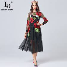 A softly sweeping layered soft net skirt enhances Ld Linda Della 2019 Fashion Runway Autumn Dress Women S Long Sleeve Flower Embroidery Black Mesh Dress Elegant Party Dresses Buy At The Price Of 64 79 In Aliexpress Com Imall Com