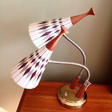 Mid Century Atomic Diamond Brown Grey Double Gooseneck Table Lamp Light Cone Teak Mcm Brown And Grey Vintage Table Lamp Mid Century Modern Lamps