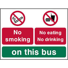 No eating or drinking, prohibition sign, with the silhouette of fork, knife and coffee cup. No Smoking No Eating No Drinking On This Bus Glendining Signs