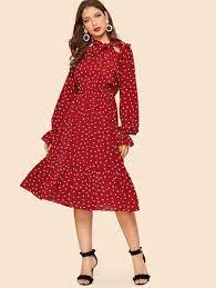 New Arrivals At Shein Shop Womens Dresses Tops Shoes Accessories Sheincom Tie Neck Dress Burgundy Long Dress Womens Midi Dresses