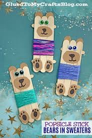 Kids love crafting with popsicle sticks, almost as much as they love the popsicles themselves! Popsicle Stick Bears In Sweaters Yarn Wrapped Kid Craft Idea