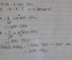 Pengertian perbandingan, rumus perbandingan, jenis (senilai dan berbalik nilai), menyederhanakan perbandingan, cara menghitung perbandingan, dan contohnya. Jumlah Uang Andi Dan Budi Rp 2 600 000 00 Perbandingan Uang Andi Dan Budi 8 5 Selisih Uang Andi Brainly Co Id