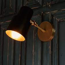 Ursula Wall Light In Brass With A Black Hood Wall Lights Wall Lights Retro Wall Lighting Company