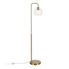 The black finish with contrasting satin brass accents softens the look to work in a broader range of design. Henn Hart 62 5 Metal Arc Brushed Brass Floor Lamp With Clear Glass Shade Fl0294