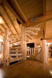 Custom Half Log Spiral Staircase With Hand Scraped Wood Railing To Loft From Great Room And Mirrored Log Spiral Staircas Log Homes Log Cabin Homes Cabin Homes