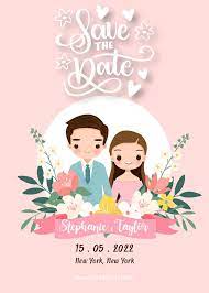 Cute Couple Cartoon With Save The Date Wedding Invitation Card Template Kartu Pernikahan Undangan Perkawinan Undangan Pernikahan