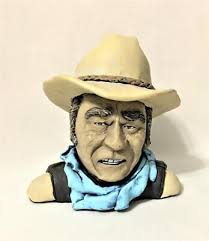 JOHN WAYNE BUST CLAY SCULPTURE OOAK HAND SCULPTED FIGURINE 5.5"X5.5" 1980's 