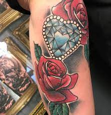 Roses And Diamond Heart Tattoo By Ant Limited Availability At Revival Tattoo Studio Diamond Heart Tattoo Tattoos Heart Tattoo