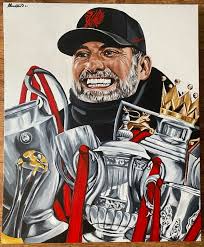 Finally finished my latest painting of Jurgen! 🔴 Painted onto a box canvas  with acrylic paint, measuring at 57cm x 45cm. Titled: 'Klopp's Complete  Set' 🏆